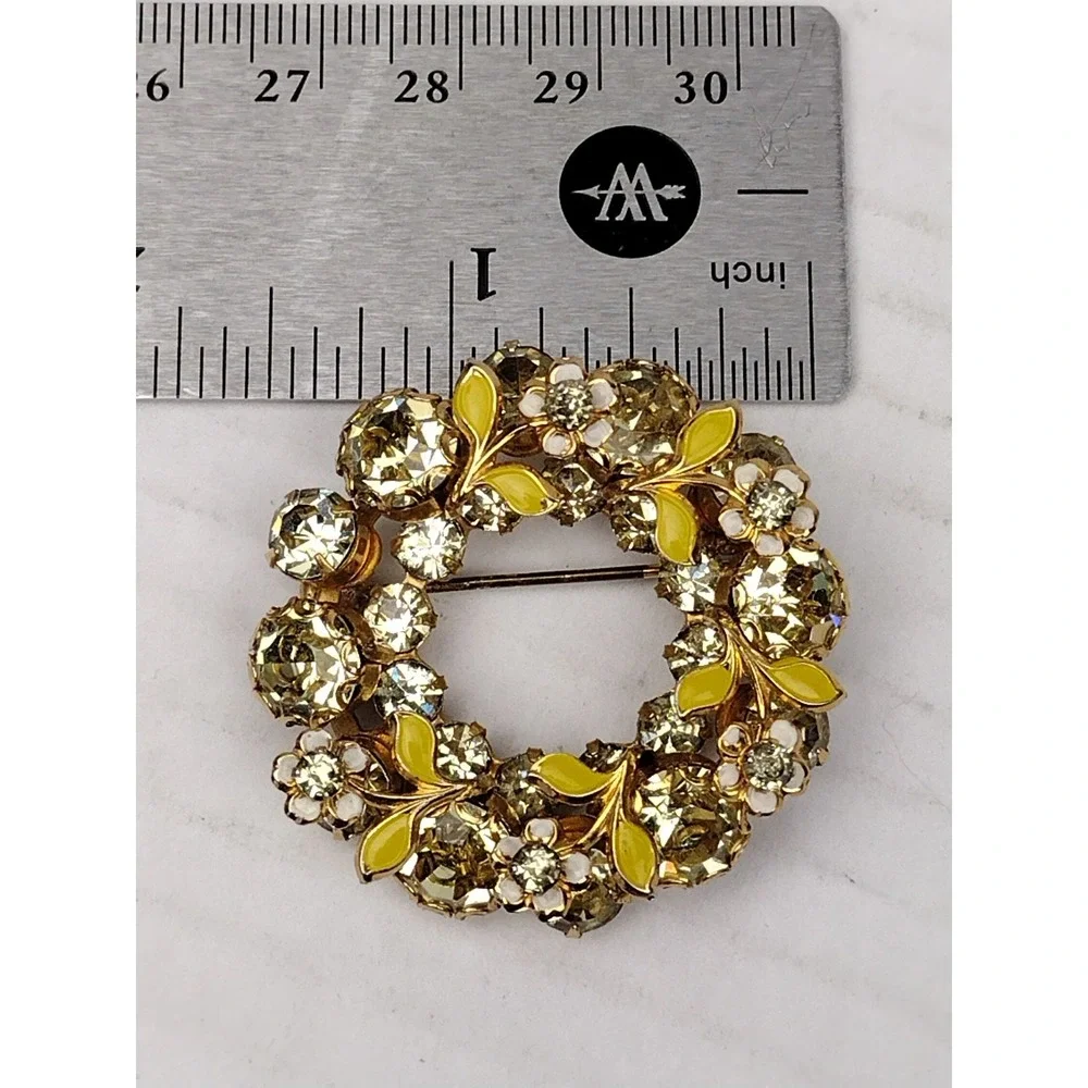 Vintage Floral Yellow and Green Open Back Rhinestone Daisy Flower Brooch 1960s